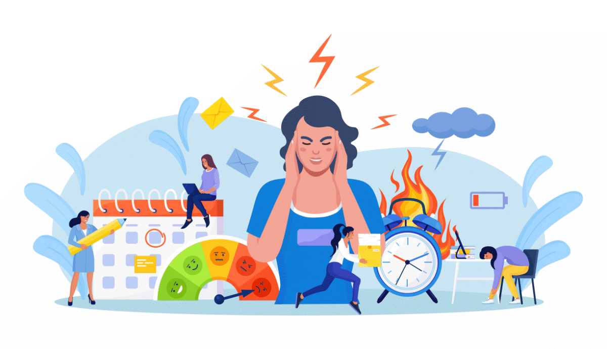 Illustration showing a person overwhelmed by technology challenges including emails, deadlines, and notifications - representing the IT stress that Tek4's services help alleviate for small businesses